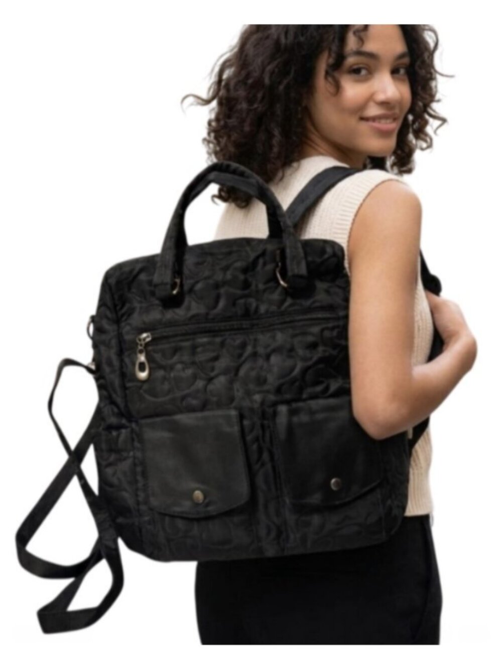Black Heart Quilted Backpack Tote Bag Convertible Multi-Pocket Shoulder Handbag